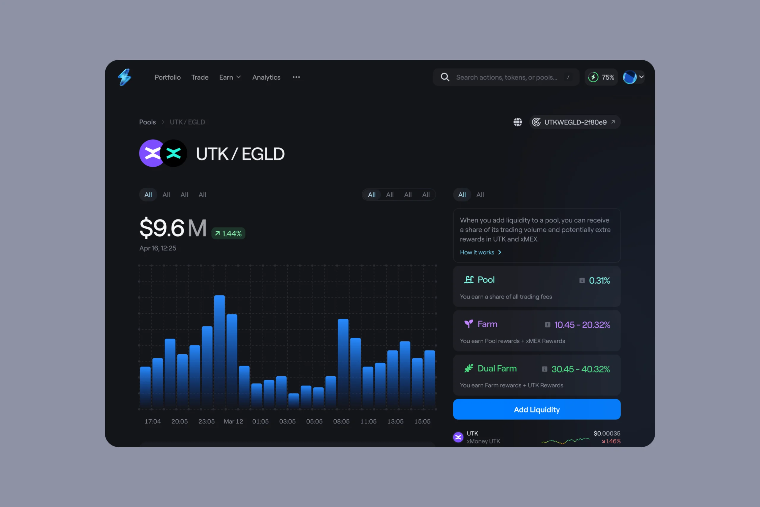 xExchange liquidity pool dashboard showing asset pairs and APY