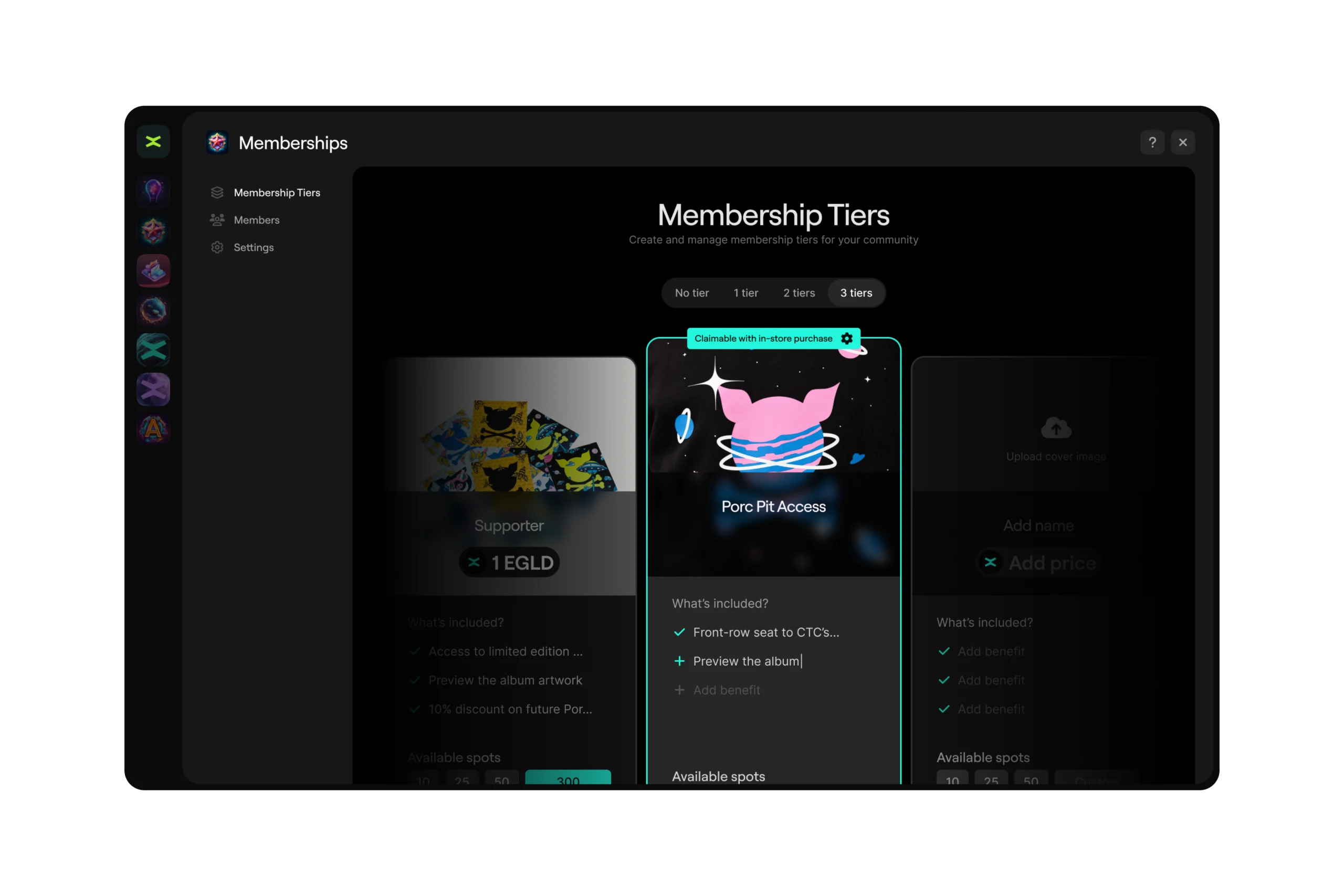 xFabric membership tier configuration showing different access levels