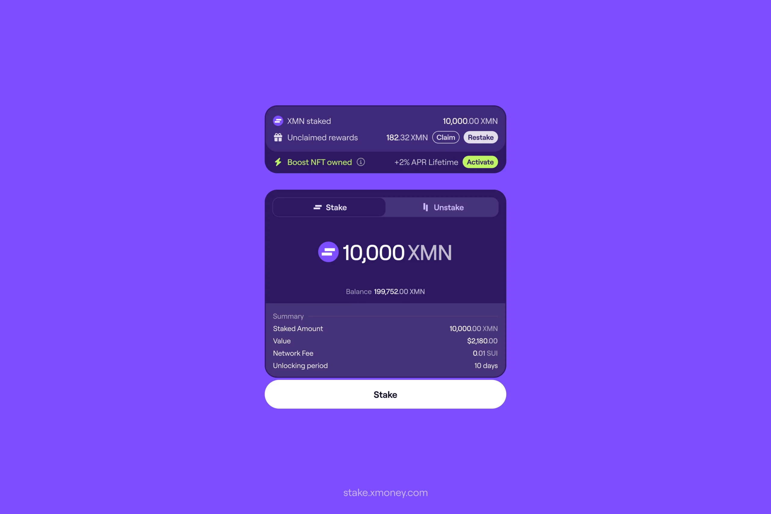 xMoney staking interface showing token balance and reward distribution dashboard