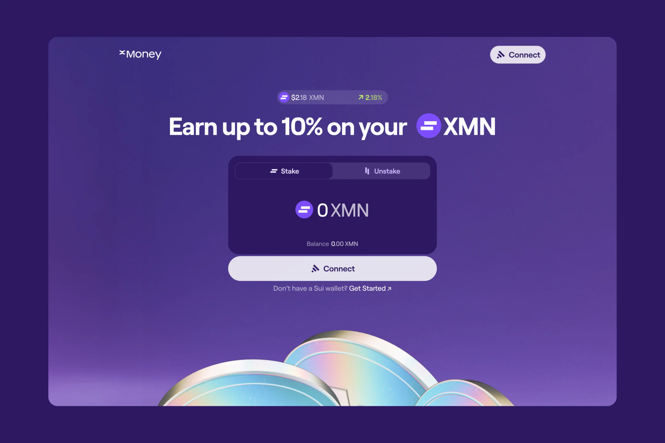 xMoney staking interface showing a call to action to connect wallet