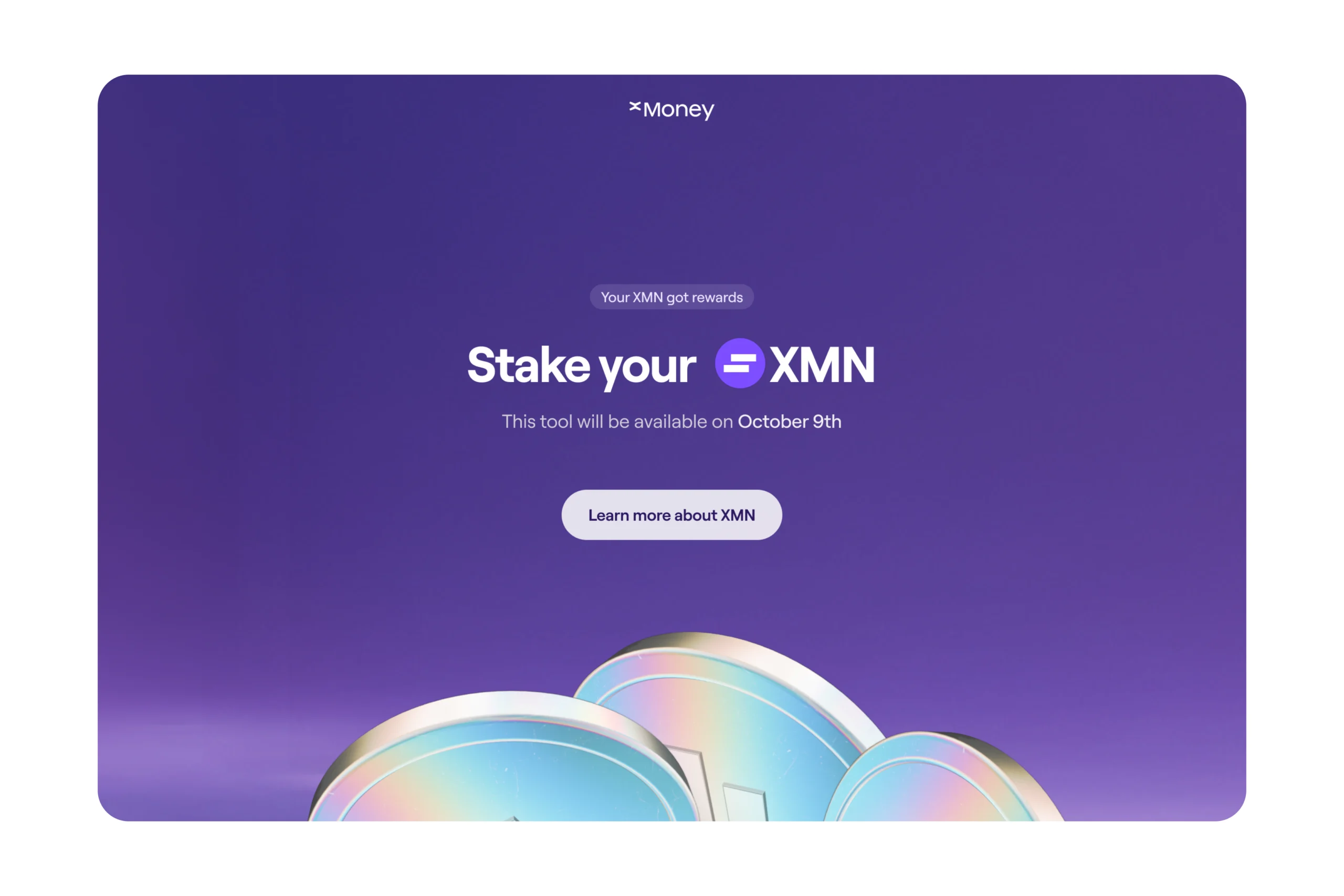 xMoney landing page showcasing the welcome screem of the staking application